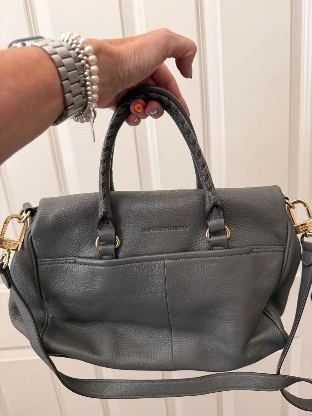 Aimee Kestenberg Gray Pebbled Leather Satchel with Gold Hardware